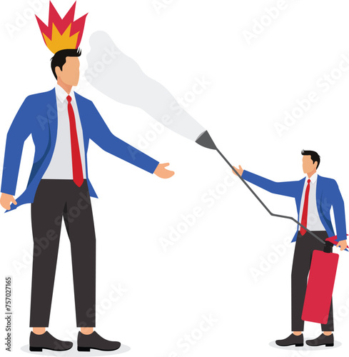 Businessman pouring bucket of water to put out fire from angry man