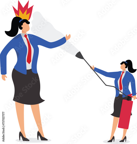 Businesswoman pouring bucket of water to put out fire from angry woman