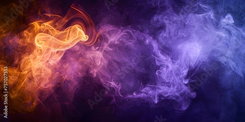 Abstract smoke circle in purple and yellow hues on dark backdrop. Concept Abstract Art, Smoke Photography, Colorful Smoke, Dark Background, Purple and Yellow Hues