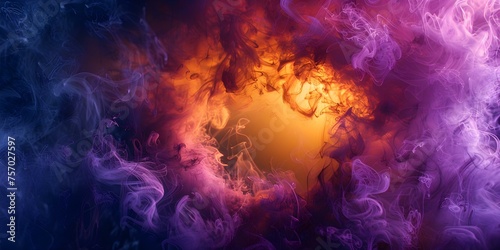 Ethereal smoke ring with purple and yellow tones against a dark background. Concept Abstract Photography, Smoke Art, Colorful Background, Unique Composition, Creative Lighting