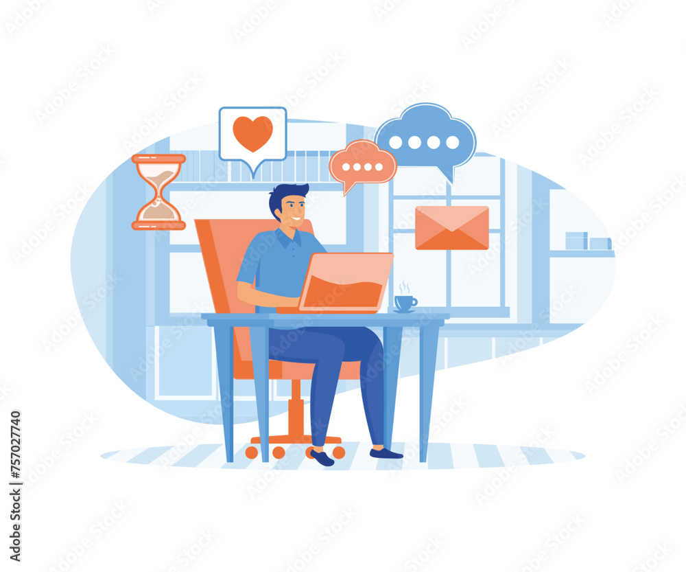 Home office concept, man working from home, student or freelancer. flat vector modern illustration