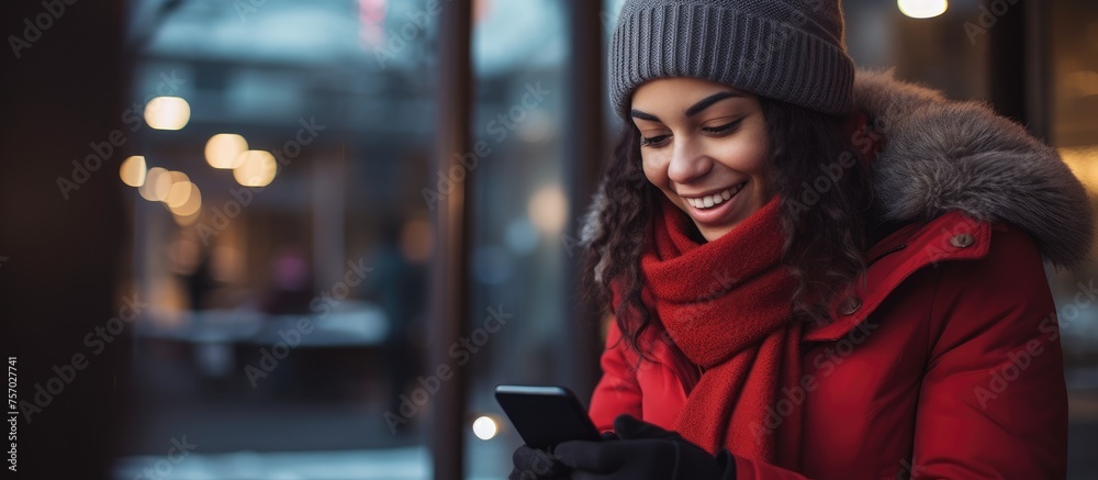 A woman in an electric blue knit cap and red coat is happily smiling while looking at her cell phone, probably finding entertainment or checking for event updates
