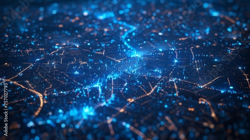 A detailed map of a city illuminated by blue lights 