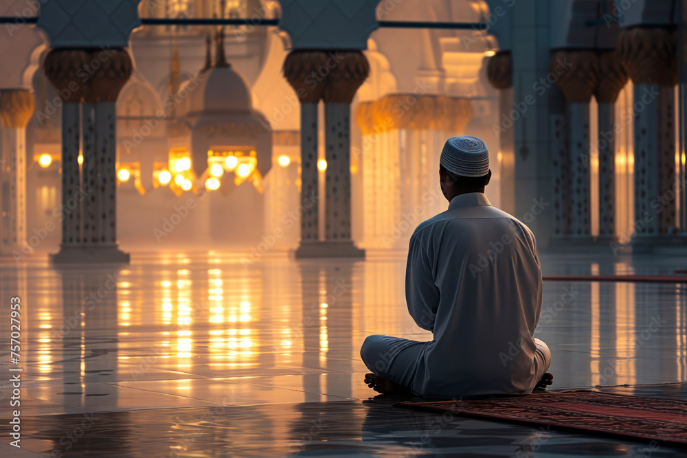 Man embodies spiritual reflection before Suhhor in morning. Man immerses thoughts in prayer and introspection before partaking in pre-dawn meal Man embodies spiritual reflection before Suhhor in morning. Man immerses thoughts in prayer and introspection before partaking in pre-dawn meal