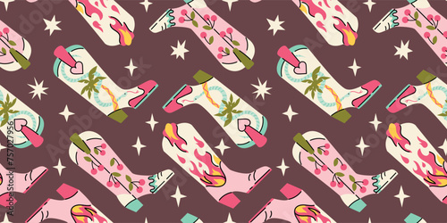 Seamless pattern with various trendy cowboy boots in desert.
Groovy American western footwear in flat graphic style. Vector funky hand drawn illustration.