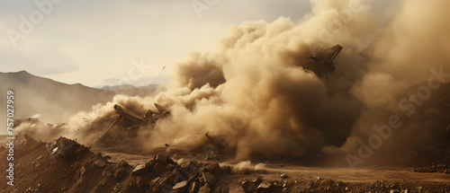 Debris and dust clouds caused by blasting on mining