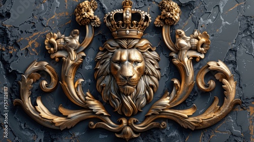 Golden Baroque Royal Lion Crest with Elaborate Floral Embellishments.