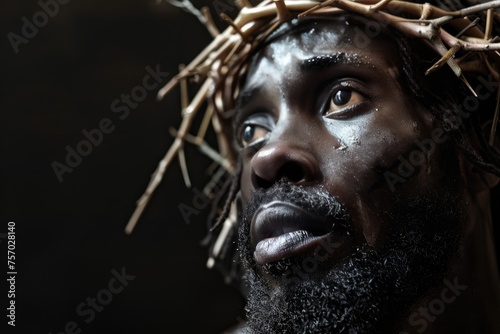 Black African Jesus Christ, Savior of mankind, empty space for text 