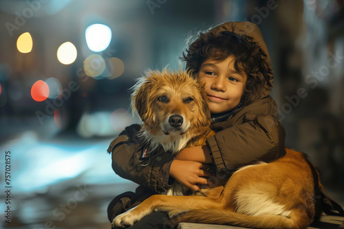 Homeless boy smiles embracing stray dog at bokeh streetlamp glow. Little child with pet friend sits on large city street in evening