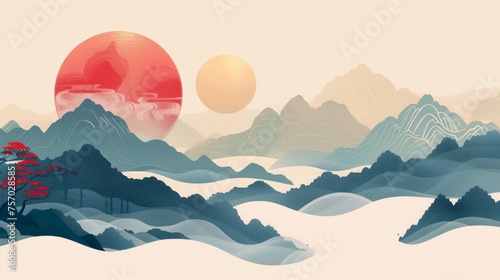 Japanese pattern modern backdrop with mountain banner. Geometric element with landscape background.
