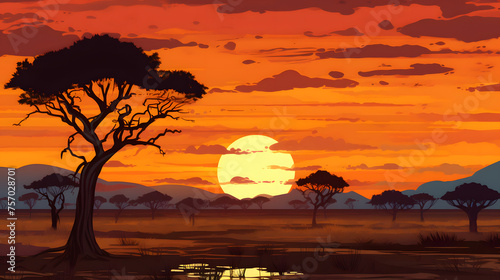 sunset view on the savanna illustration