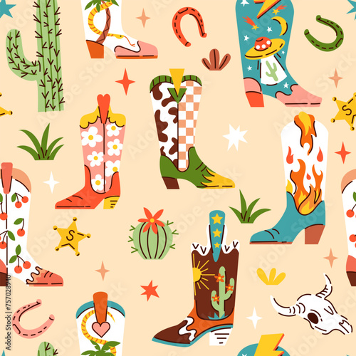 Seamless pattern with various trendy cowboy boots in desert. Groovy American western footwear in flat graphic style. Vector funky hand drawn illustration. © Radiocat