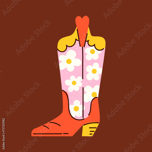 Flat graphic style trendy cowboy boot with cute daisies.
Groovy American western footwear. Vector funky illustration.