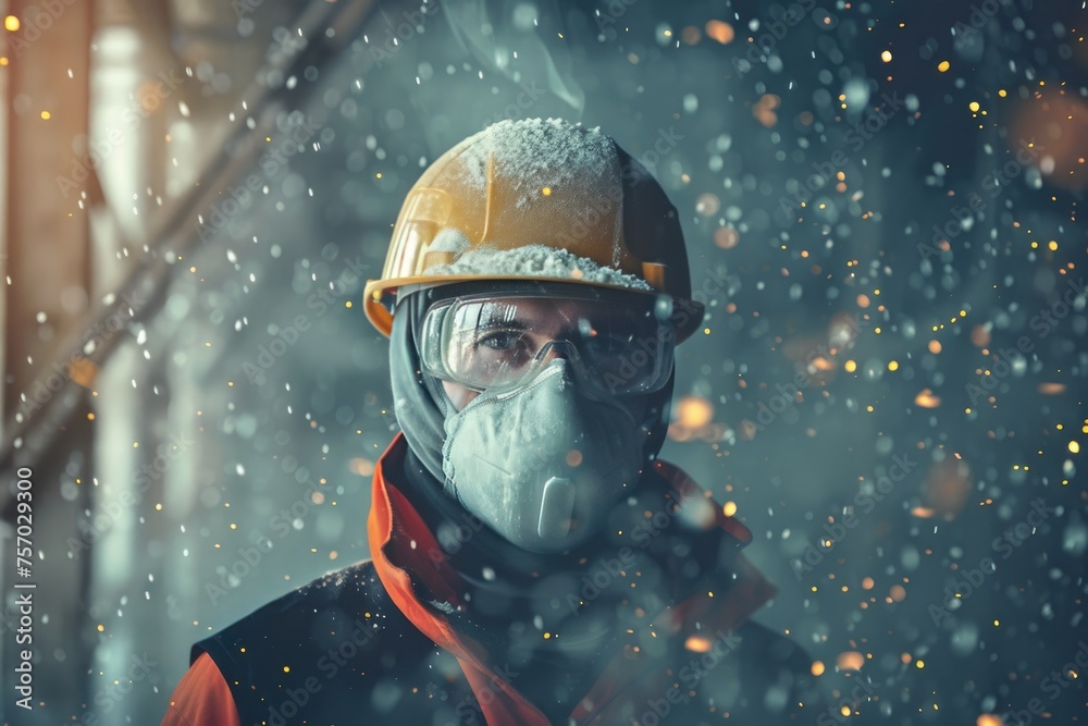 Professional construction worker wearing a high quality dust mask surrounded by many floating glass wool particles on a construction site, empty space at the side Professional construction worker wearing a high quality dust mask surrounded by many floating glass wool particles on a construction site, empty space at the side