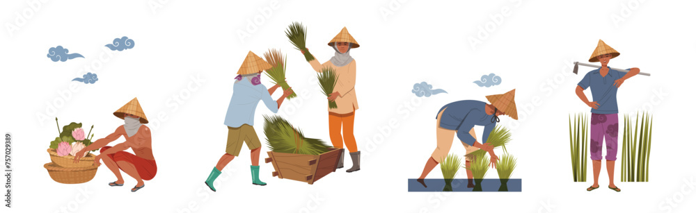 Asian Farmers in Straw Conical Hat Working on Field Vector Set Asian Farmers in Straw Conical Hat Working on Field Vector Set