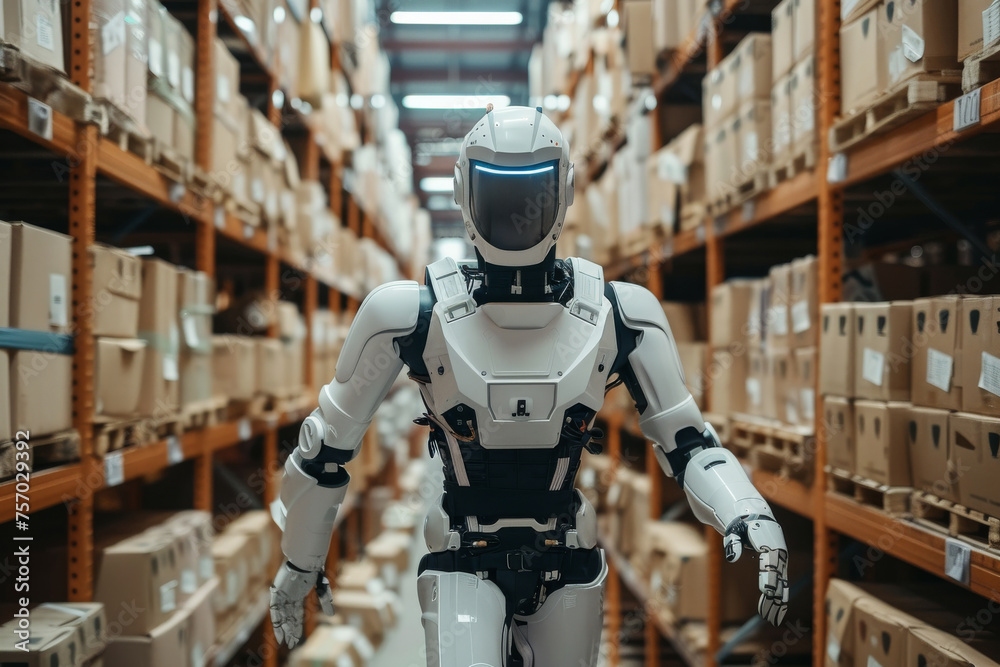 Fototapeta premium A robot is walking through a warehouse. Logistic concept