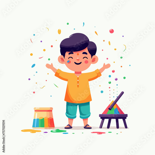 cartoon illustration of an Indian boy celebrating the colorful holi festival