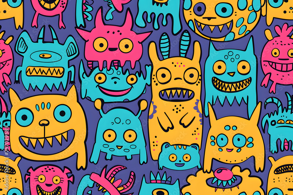 Seamless pattern of cartoon doodles of lil monsters Seamless pattern of cartoon doodles of lil monsters