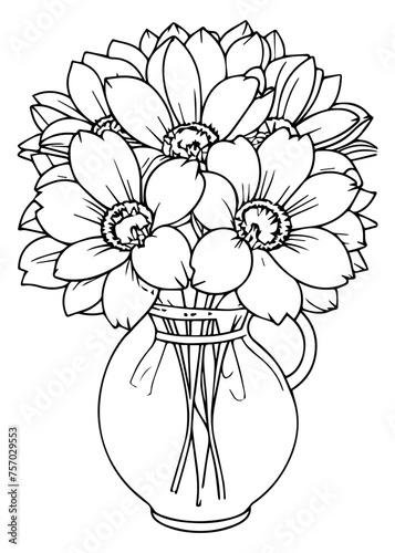 Bouquet of large spring sunflower flowers in a transparent glass vase. Printable coloring book page, antistress for children and adults.