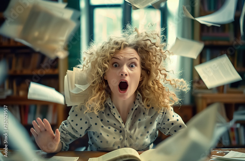 An intense and serious woman engrosses herself in a book in the library. The intensity of intellectual pursuit and the immersive power of literature. Generative AI. photo