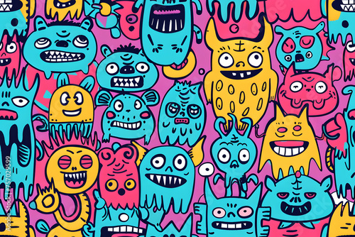 Seamless pattern of cartoon doodles of lil monsters photo