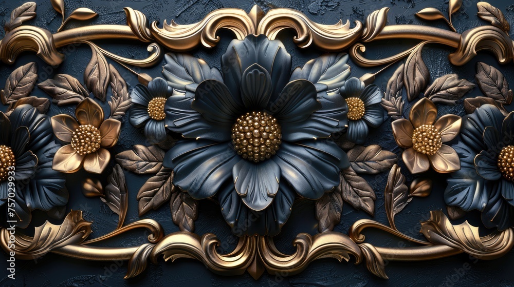 Golden Floral Baroque Frame on Dark Blue Textured Background