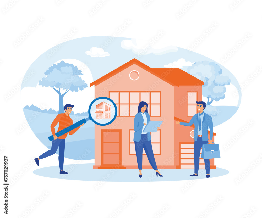 House loan, money investment to real estate. Property money investment contract. Buying Home. Man and woman calculates home mortgage rate. Real estate agent. flat vector modern illustration