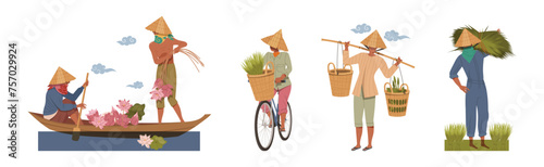 Asian Farmers in Straw Conical Hat Working on Field Vector Set