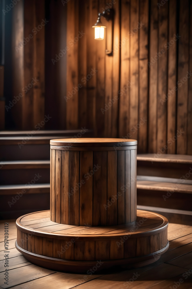 Fototapeta premium Wooden round podium in rustic style - Product showing