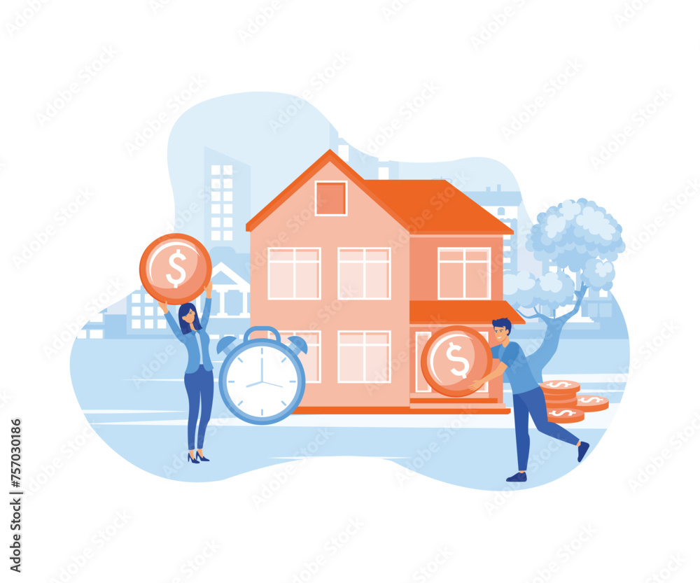 Of a young couple investing money in real estate. Bank loan and savings concept. flat vector modern illustration Of a young couple investing money in real estate. Bank loan and savings concept. flat vector modern illustration