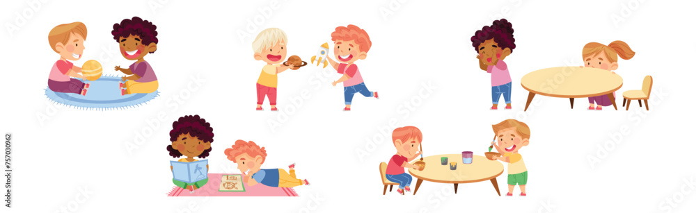 Happy Kids at Kindergarten Playing and Have Fun Vector Set Happy Kids at Kindergarten Playing and Have Fun Vector Set