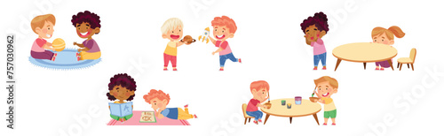 Fototapeta Naklejka Na Ścianę i Meble -  Happy Kids at Kindergarten Playing and Have Fun Vector Set