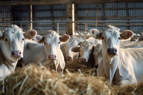 Group of attentive white cows looking at the camera in a barn.