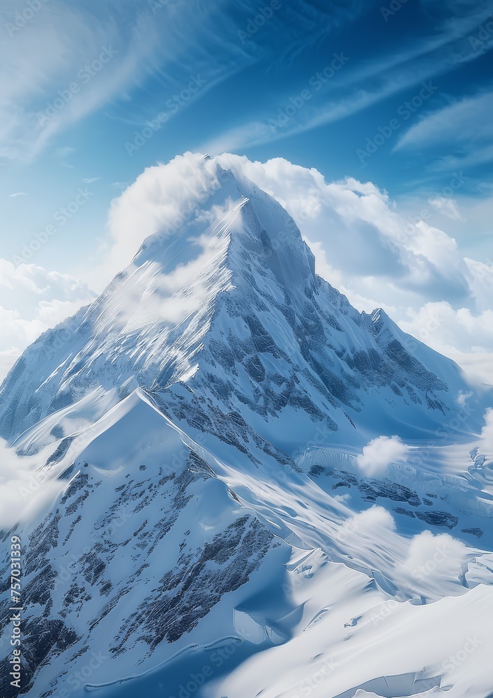 Majestic snow-capped mountain peak under a clear blue sky