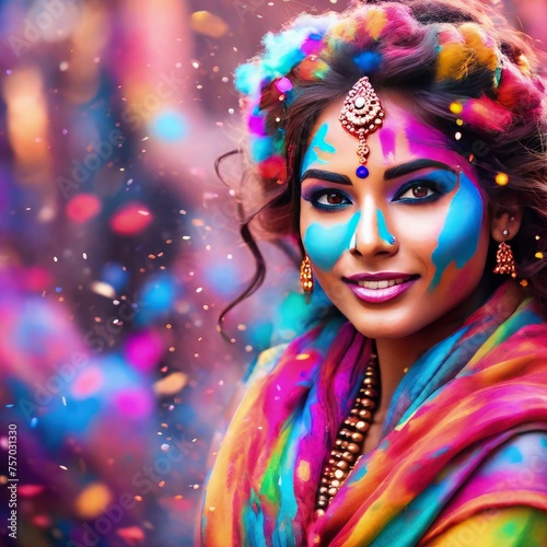 Portrait of a smiling young woman celebrating holi festival celebrate holi festival Generative AI
