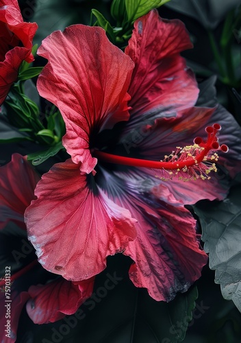 Vivid red hibiscus flowers with detailed stamen and petals.