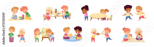 Happy Kids at Kindergarten Playing and Have Fun Vector Set