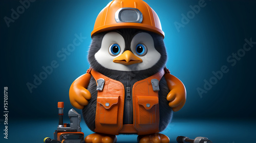 A penguin wearing a hard hat and orange vest is standing in front of a toolbox photo