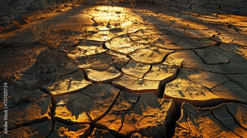 Sun-kissed cracked land texture, a testament to the harshness of drought conditions.