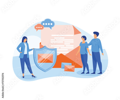 Encrypted, secure messenger concept. People stand near big shield, email letters, messages. Poster for social media, web page, banner, presentation. flat vector modern illustration