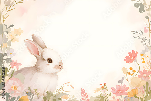 easter card with bunny with flowers frame, pastel color, vintage tone. Easter Background with copy space.