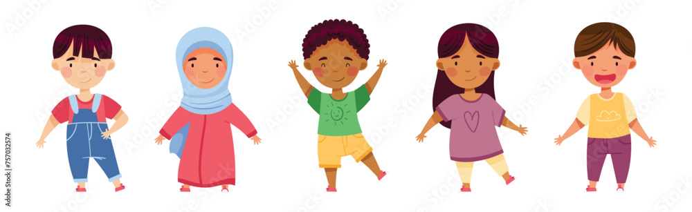Happy Multiethnic Children Stand and Smiling Vector Set Happy Multiethnic Children Stand and Smiling Vector Set