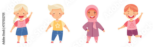 Happy Multiethnic Children Stand and Smiling Vector Set