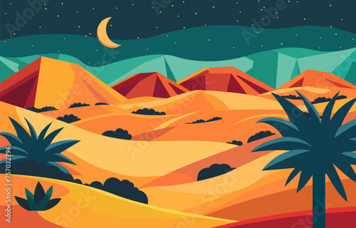 Flat Design Illustration of Dunes in Arabian Desert with Crescent Moon at Night