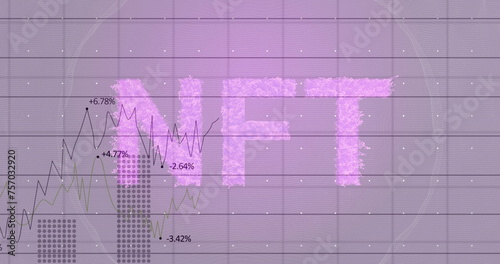 Nft text banner over grid network against statistical data processing against purple background