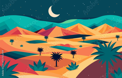 Flat Design Illustration of Mountains in Arabian Desert with Date Trees at Night