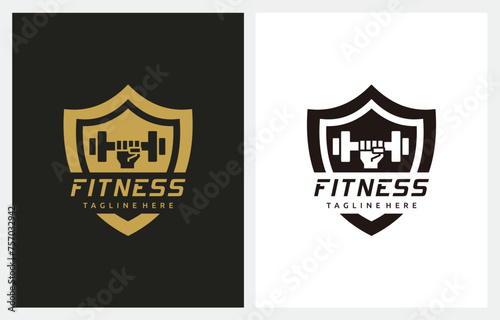 Fitness Gym Barbell Dumbbell Combination Shield logo design inspiration