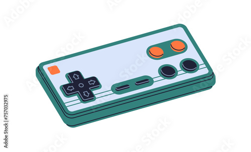 Retro gamepad, video game console of 80s, 90s. Old vintage videogame controller, playing device, gadget of 1980s. Eighties gamers consol. Flat vector illustration isolated on white background