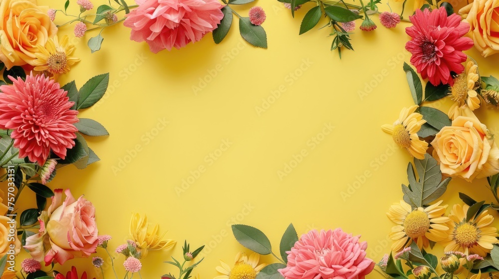 Floral border on a yellow background with copy space.