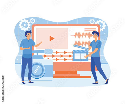 Video editor. Persons concept with camera work and footage editing. Multimedia content production for online video blog channel. Meeting hot news publishing deadlines. flat vector modern illustration